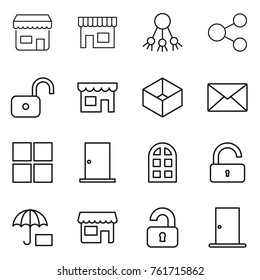 Thin line icon set : shop, share, unlock, box, mail, window, door, arch, insurance, unlocked