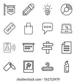 Thin line icon set : shop signboard, pencil, bulb, circle diagram, sale, shopping bag, message, notebook, pass card, atm receipt, singlepost, document, label, photo, hanger, toilet cleanser