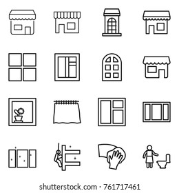 Thin line icon set : shop, building, window, arch, flower in, curtain, clean, skyscrapers cleaning, wiping, toilet