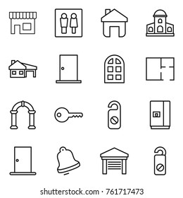 Thin line icon set : shop, wc, home, mansion, house with garage, door, arch window, plan, key, do not distrub, fridge, bell