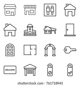 Thin line icon set : shop, wc, home, mansion, house with garage, door, arch window, plan, key, welcome mat, do not distrub, please clean
