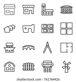 Thin line icon set : shop, mansion, airport building, houses, slum, panel house, window, japanese, bridge, drawing compasses, plan, fence, antique column, windmill