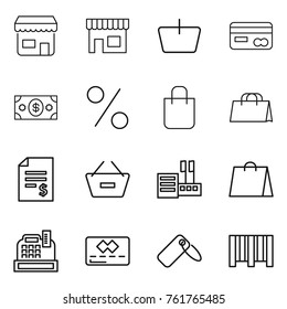 Thin line icon set : shop, basket, card, money, percent, shopping bag, account balance, remove from, store, cashbox, credit, label, bar code