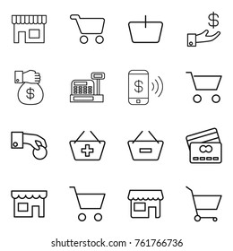 Thin line icon set : shop, cart, basket, investment, money gift, cashbox, phone pay, hand coin, add to, remove from, credit card