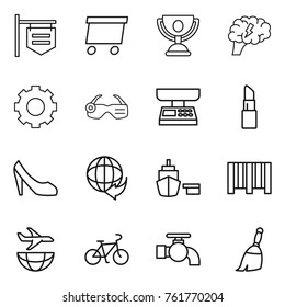 Thin line icon set : shop signboard, delivery, trophy, brain, gear, smart glasses, market scales, lipstick, shoes, port, bar code, plane shipping, bike, water tap, broom