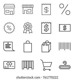 Thin line icon set : shop, receipt, percent, medal, shopping list, bag, bar code, credit card, cart, hanger