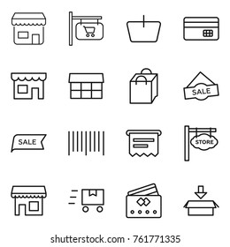 Thin line icon set : shop, signboard, basket, credit card, market, shopping bag, sale, bar code, atm receipt, store, fast deliver, package