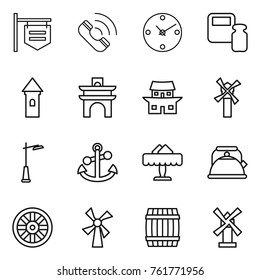 Thin line icon set : shop signboard, call, clock, scales weight, tower, arch, japanese house, windmill, outdoor light, anchor, restaurant, kettle, wheel, barrel