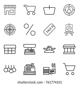 Thin line icon set : shop, cart, basket, target audience, percent, sale, presentation, market, scales, cashbox, mall