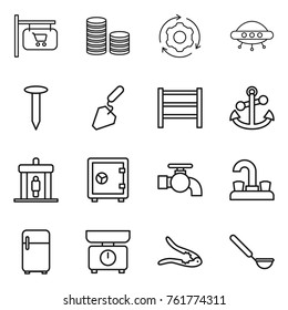 Thin line icon set : shop signboard, coin stack, around gear, ufo, nail, construction, rack, anchor, detector, safe, water tap, fridge, kitchen scales, walnut crack, ladle