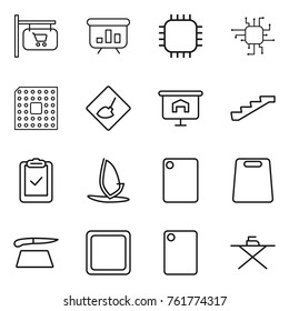 Thin line icon set : shop signboard, presentation, chip, cpu, under construction, stairs, clipboard check, windsurfing, cutting board, iron
