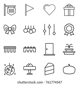 Thin line icon set : shop signboard, flag, heart, gift, bow, sale, equalizer, medal, bridge, door, fountain, disco ball, restaurant, cake, pumpkin