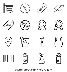 Thin line icon set : shop signboard, percent, sale, up down arrow, label, medal, geo pin, sun potection, do not hook sign, heavy, bar code, distrub, pear, please clean