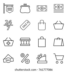 Thin line icon set : shop signboard, purse, money, 24 7, sale, shopping bag, basket, add to, market, percent, cashbox, cart