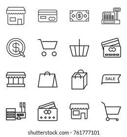 Thin line icon set : shop, card, money, cashbox, dollar arrow, cart, basket, credit, market, shopping bag, sale, mall