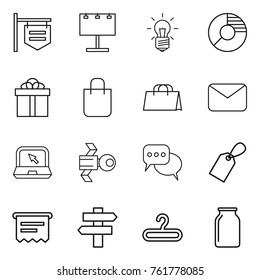 Thin line icon set : shop signboard, billboard, bulb, circle diagram, gift, shopping bag, mail, notebook, satellite, discussion, label, atm receipt, singlepost, hanger, bank