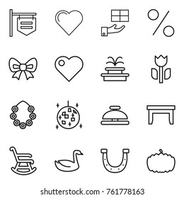 Thin line icon set : shop signboard, heart, gift, percent, bow, fountain, perishable, hawaiian wreath, disco ball, service bell, table, rocking chair, goose, horseshoe, pumpkin