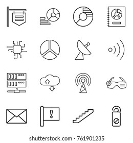 Thin line icon set : shop signboard, diagram, circle, annual report, chip, satellite antenna, wireless, server, cloude service, smart glasses, mail, important flag, stairs, do not distrub