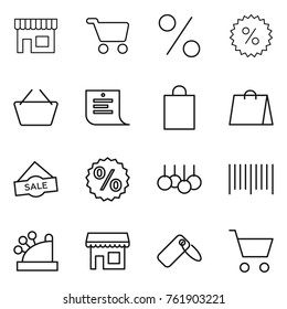 Thin line icon set : shop, cart, percent, basket, shopping list, bag, sale, bar code, cashbox, label