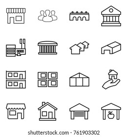 Thin line icon set : shop, group, bridge, library, mall, airport building, houses, warehouse, modular house, panel, greenhouse, real estate, home, garage