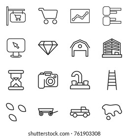 Thin line icon set : shop signboard, cart, statistics, diagram, monitor arrow, diamond, barn, office, sand clock, camera, water tap, stairs, seeds, trailer, pickup, spot