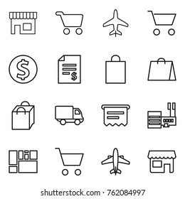 Thin line icon set : shop, cart, plane, dollar coin, account balance, shopping bag, delivery, atm receipt, mall, consolidated cargo, airplane