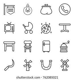 Thin line icon set : shop signboard, rocket, purse, phone, tv, baby stroller, disco ball, table, stool, chair, fridge, hand mill, sickle, windmill, horseshoe