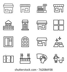 Thin line icon set : shop, cashbox, cottage, building, window, arch, clean floor, skysrcapers cleaning, wiping, toilet