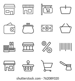 Thin line icon set : shop, signboard, basket, wallet, purse, money, store, market, percent, bar code, cart, turk
