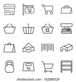 Thin line icon set : shop, signboard, cart, shopping bag, basket, delete, market scales, sale, bar code, warehouse, heavy, rack