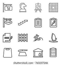 Thin line icon set : shop signboard, chess horse, presentation, cpu, store, stairs, clipboard, pen, inventory, pallet, surfer, windsurfing, cutting board, utility room, list