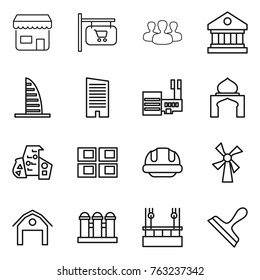 Thin line icon set : shop, signboard, group, library, skyscraper, mall, minaret, modern architecture, panel house, building helmet, windmill, barn, grain elevator, skysrcapers cleaning, scraper