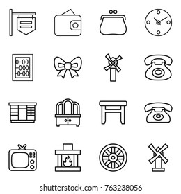 Thin line icon set : shop signboard, wallet, purse, clock, abacus, bow, windmill, phone, wardrobe, dresser, stool, tv, fireplace, wheel