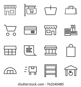 Thin line icon set : shop, signboard, basket, shopping bag, cart, credit card, store, market, list, hangare, fast deliver, rack, warehouse