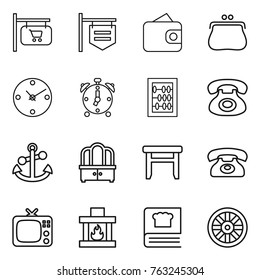 Thin line icon set : shop signboard, wallet, purse, clock, alarm, abacus, phone, anchor, dresser, stool, tv, fireplace, cooking book, wheel