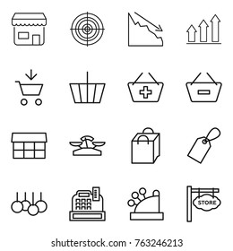 Thin line icon set : shop, target, crisis, graph up, add to cart, basket, remove from, market, scales, shopping bag, label, sale, cashbox, store signboard