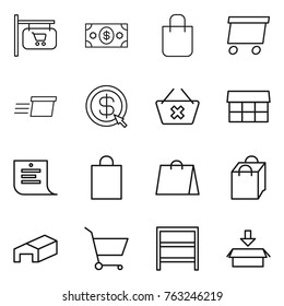 Thin line icon set : shop signboard, money, shopping bag, delivery, dollar arrow, delete cart, market, list, warehouse, rack, package