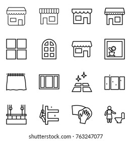 Thin line icon set : shop, window, arch, flower in, curtain, clean floor, skysrcapers cleaning, skyscrapers, wiping, toilet