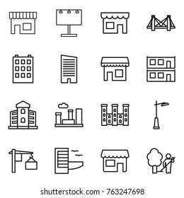 Thin line icon set : shop, billboard, bridge, building, skyscraper, modular house, city, palace, outdoor light, loading, hotel, garden cleaning