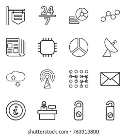 Thin line icon set : shop signboard, 24 7, diagram, graph, newspaper, chip, satellite antenna, cloude service, mail, info, reception, do not distrub