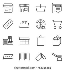 Thin line icon set : shop, basket, signboard, sale, shopping bag, dollar arrow, cart, store, market, bar code, label, turk