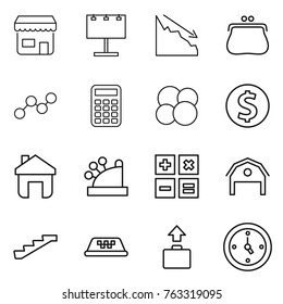 Thin line icon set : shop, billboard, crisis, purse, graph, calculator, atom core, dollar coin, home, cashbox, barn, stairs, taxi, baggage, watch