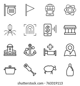 Thin line icon set : shop signboard, flag, notebook globe, atom, virus, fingerprint, mobile pay, market, mansion, anchor, hospital, map, pan, blender, sheep, cleanser