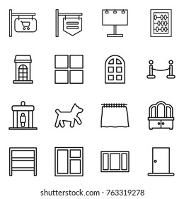 Thin line icon set : shop signboard, billboard, abacus, building, window, arch, vip fence, detector, dog, curtain, dresser, rack, door