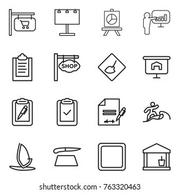 Thin line icon set : shop signboard, billboard, presentation, clipboard, under construction, pen, check, inventory, surfer, windsurfing, cutting board, utility room