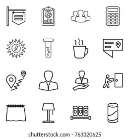Thin line icon set : shop signboard, report, group, calculator, sun power, vial, hot drink, location details, route, client, courier delivery, curtain, floor lamp, spices, cleanser powder