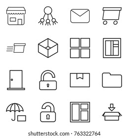 Thin line icon set : shop, share, mail, delivery, box, window, door, unlock, package, documents, insurance, unlocked