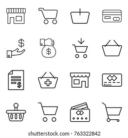Thin line icon set : shop, cart, basket, card, investment, money gift, add to, account balance, credit