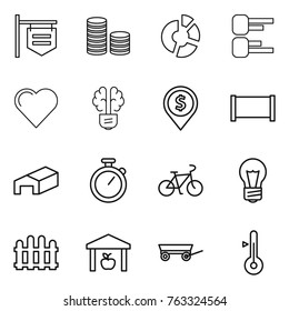Thin line icon set : shop signboard, coin stack, circle diagram, heart, bulb brain, dollar pin, fence, warehouse, stopwatch, bike, trailer, thermometer