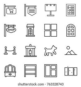 Thin line icon set : shop signboard, billboard, abacus, building, window, arch, vip fence, detector, dog, landscape, dresser, rack, clean